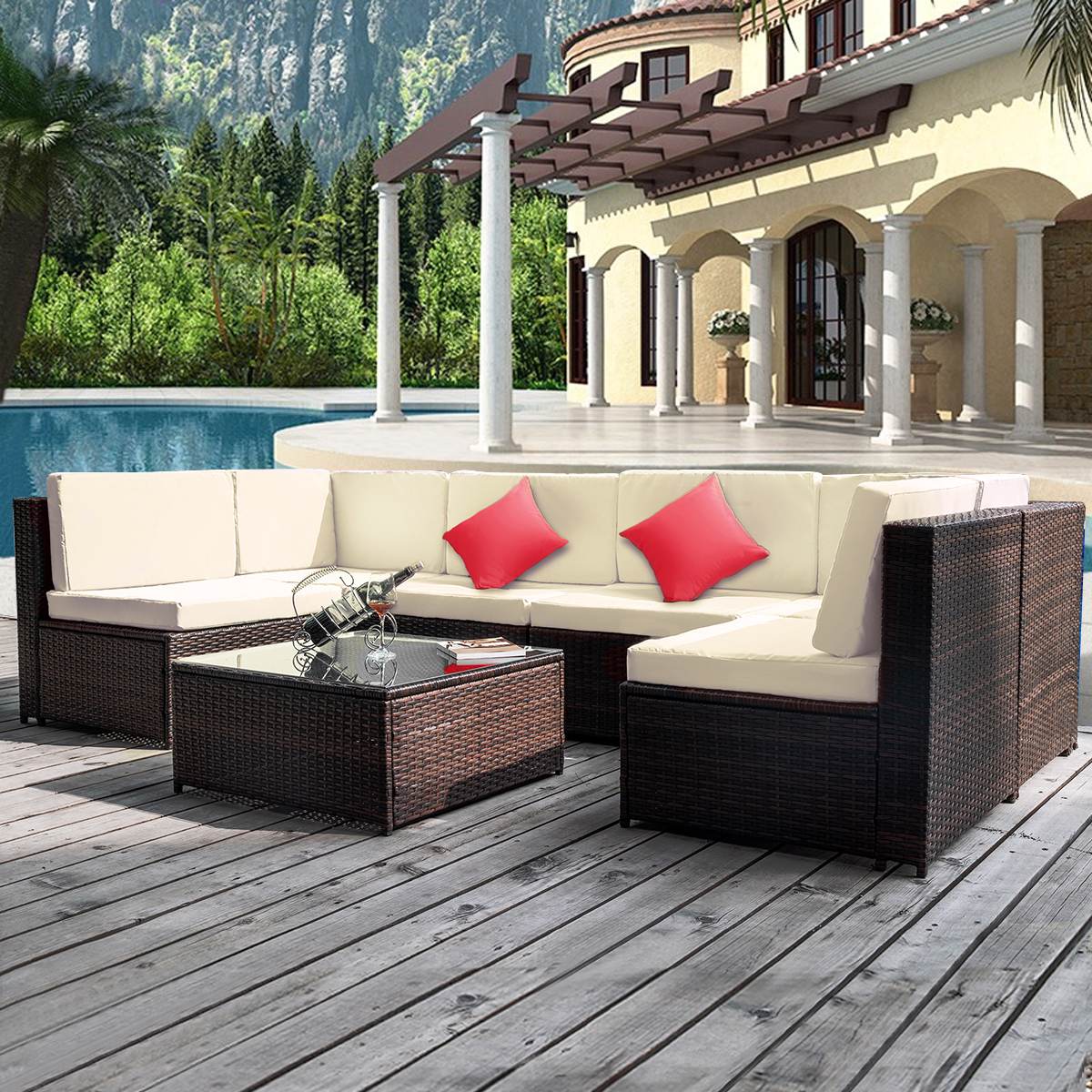 Wicker Patio Furniture Set, 6 Rattan Wicker Chairs with Glass Dining Table, 7 Piece Outdoor Patio Dining Set with Removable Cushions for Backyard, Porch, Garden, Poolside, L2194 - image 2 of 8