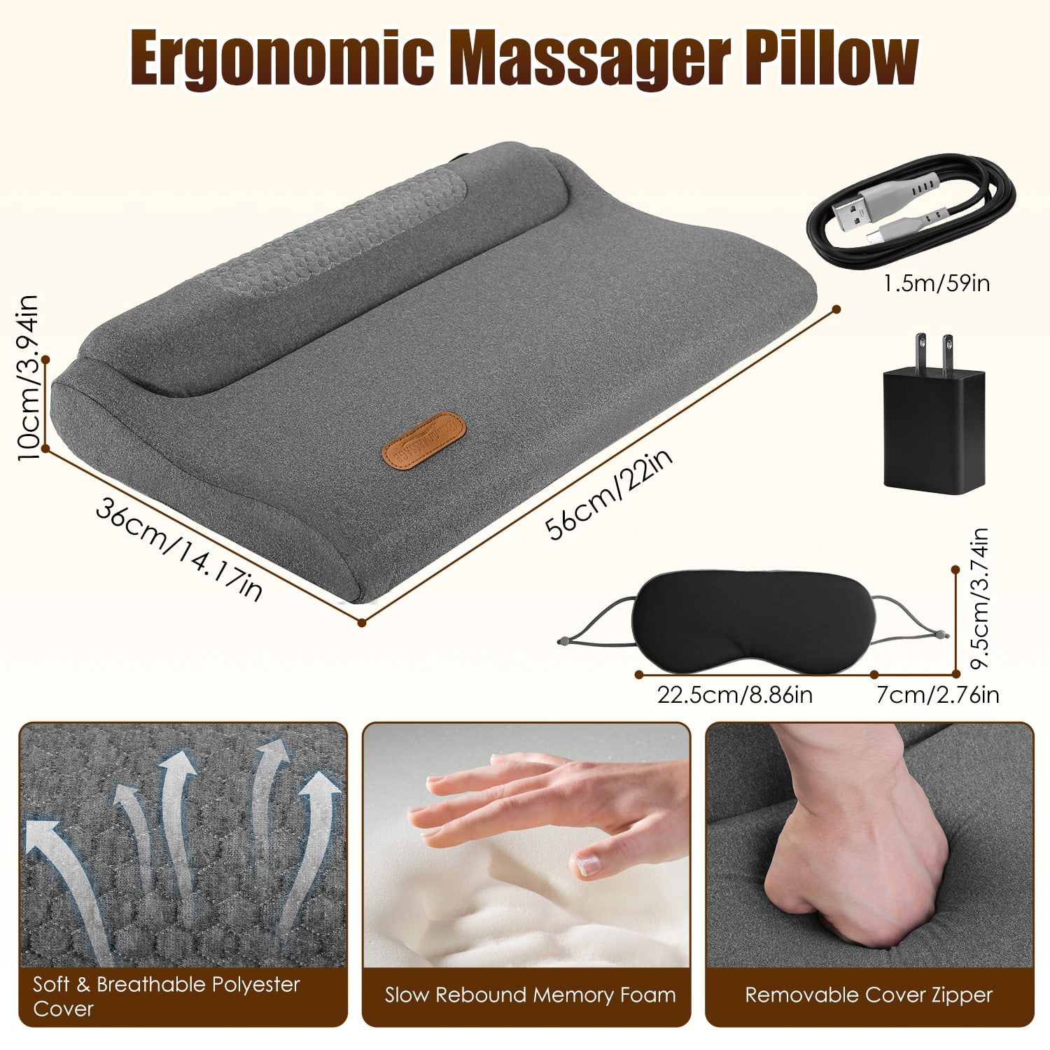 22In Heated Neck Massager Pillow 3Heat Settings 3Vibration Modes Memory Foam Support USB Plug In Auto Shut Off Eye Mask Home Office Travel Portable Dark Grey Soft Use Contoured Ergonomic Lightweight