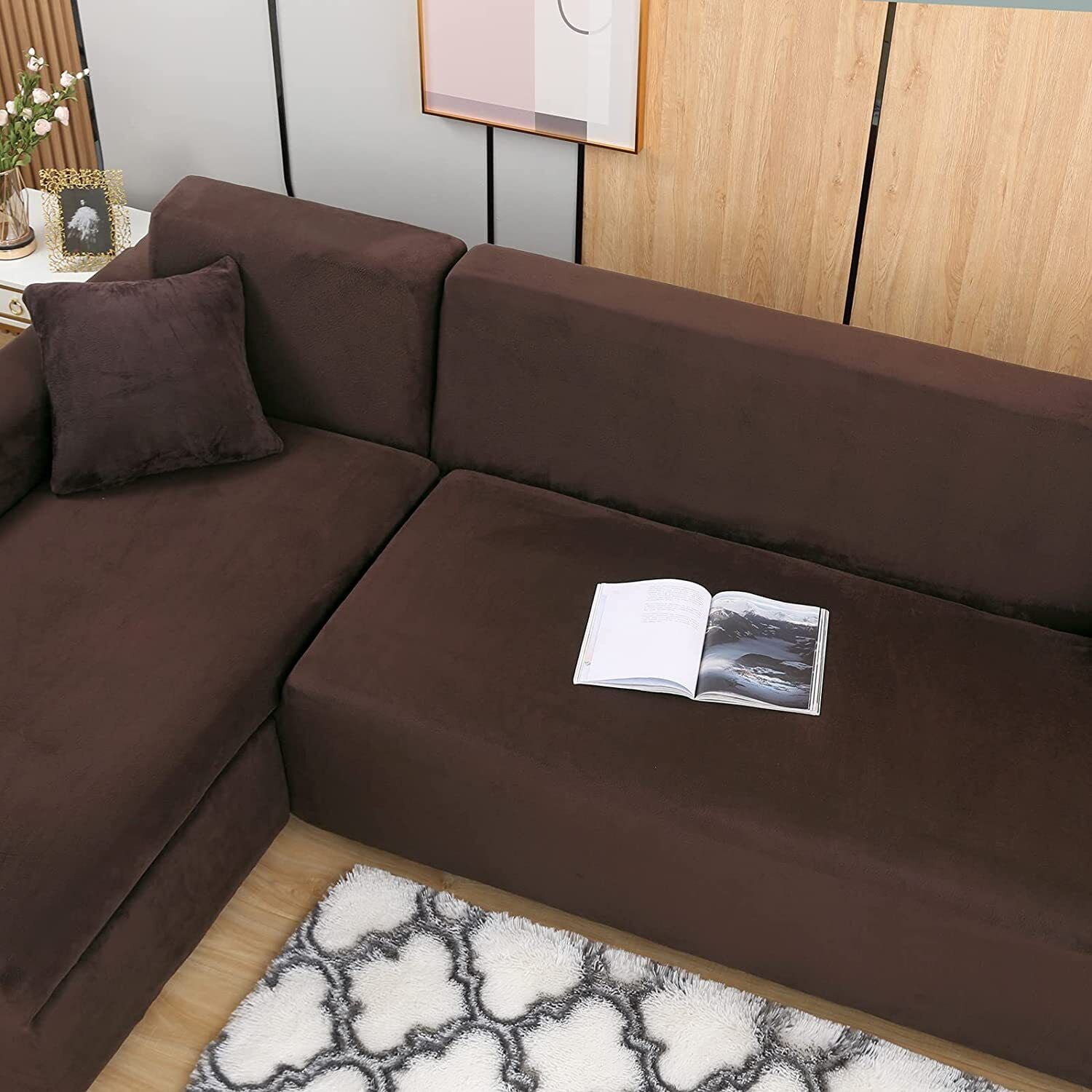 JIAN YA NA Sectional Sofa Slipcovers L Shape Couch Cover,2Pcs Thick Velvet Stretch Anti-Slip Couch Covers for 3 + 3 Seaters Chaise, Furniture Protector Slip Cover for Living Room Pets Kids (Brown)