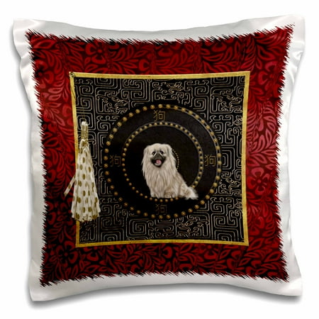 Pekingese Pillow - 3dRose Pekingese Dog, Round Shape, Dog in Chinese, Tassel with Dots, Leaves - Pillow Case, 16 by 16-inch
