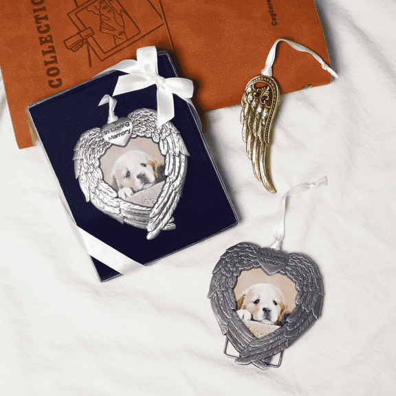 Benton Memorial Photo Picture Frame, Heart Shape, Angel Wing Hanging Ornament, 2 Frame for Set with Free Wing Ornamanet