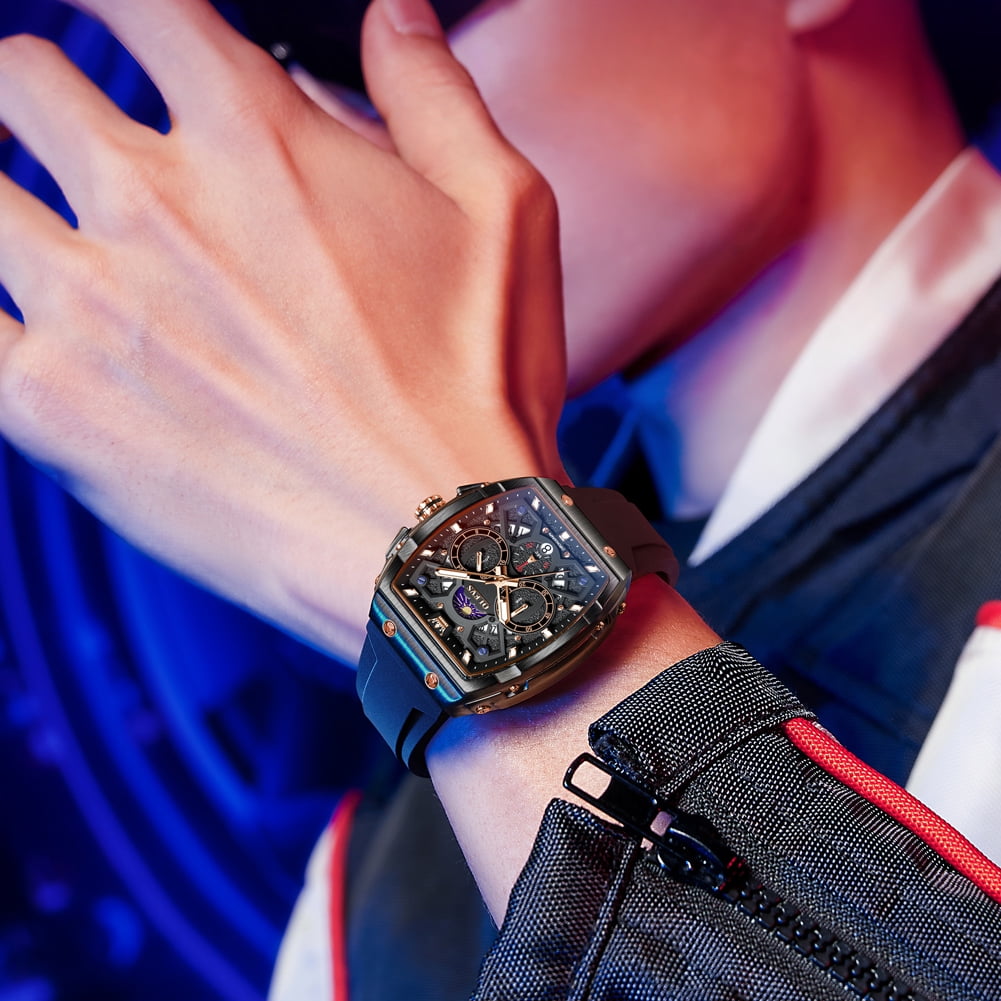 OLEVS Watches for Men Chronograph Waterproof Luxury Dress Quartz Silicon Strap Multifunction Moon Phase Calendar Luminous Men Wrist Watches Reloj Para Hombre Black/Red