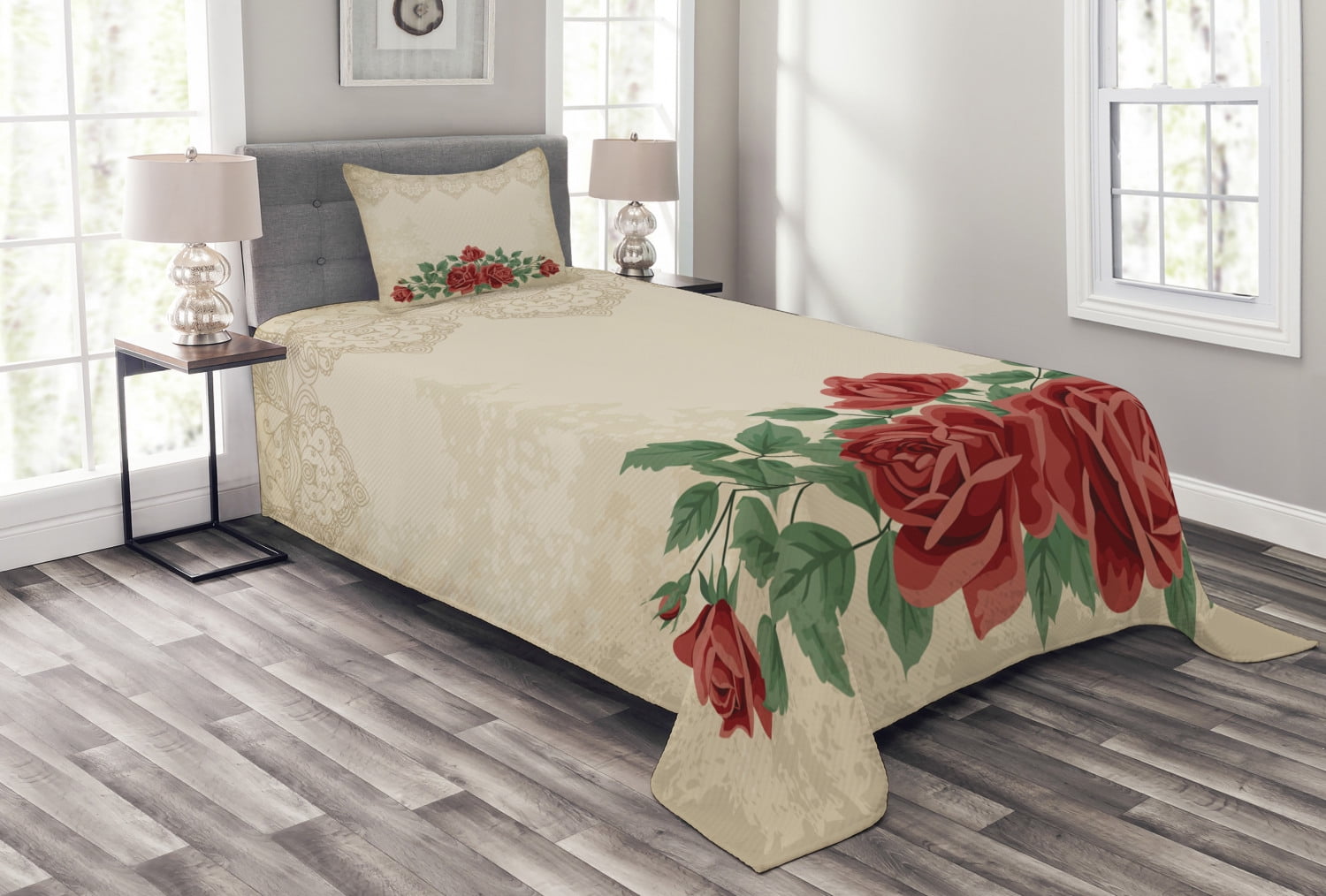 Shabby Chic Bedspread Set Twin Size, Vintage Glamour Background with