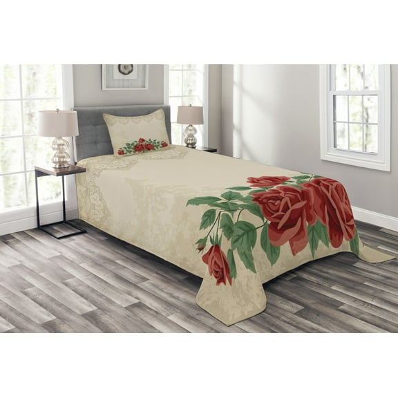 Ambesonne Glamour Quilted Bedspread Set 2 Pcs, Vintage Love Red Roses, Twin Size, Beige Green