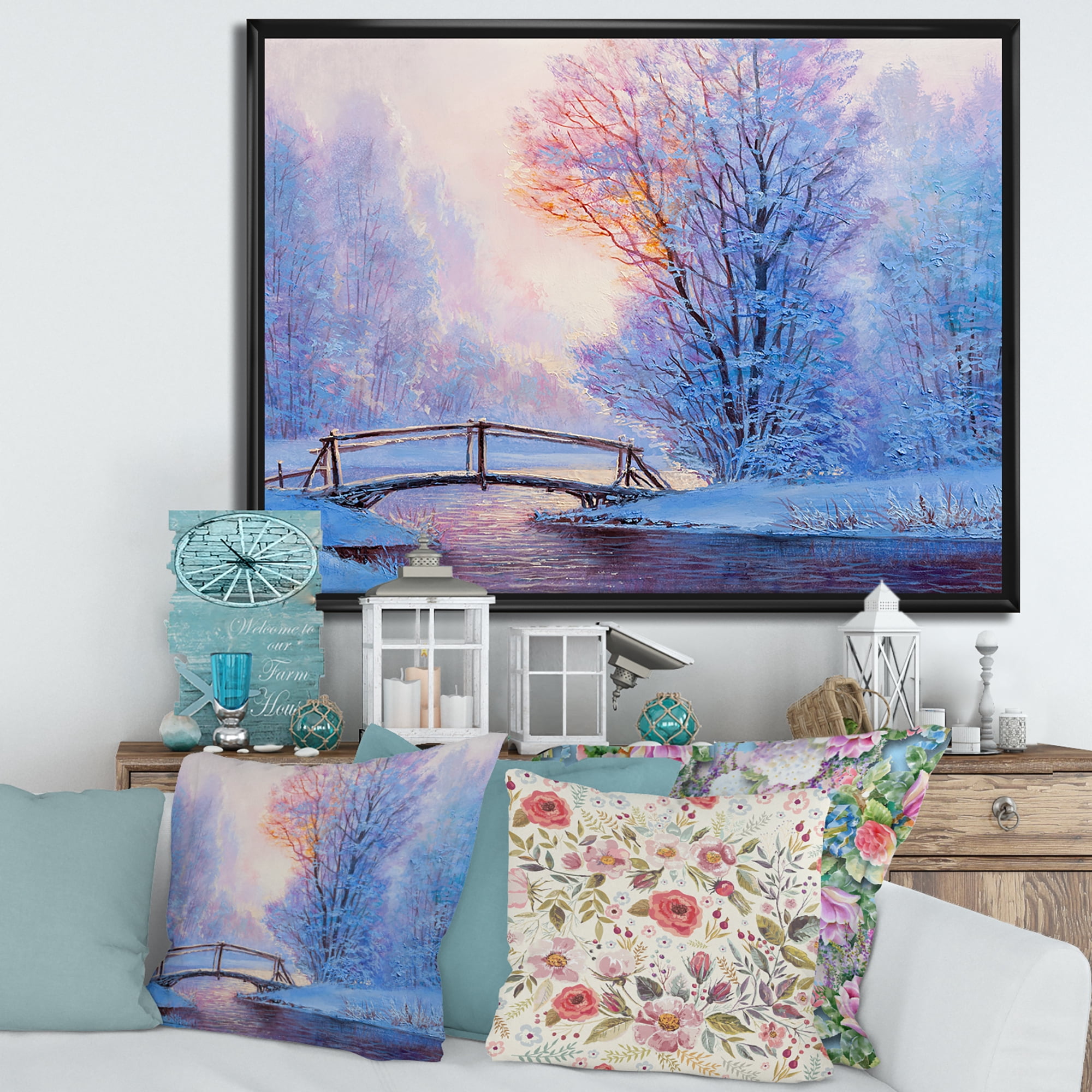 Designart 'Winter Landscape With A Bridge and A River' Lake House Framed Canvas Wall Art Print