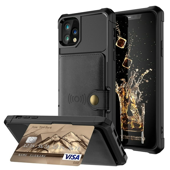 iPhone Xr Wallet Case, Shockproof Rubber Card Holder Wallet PU Leather Back Phone Case Kickstand Protective Scratch Hybrid Bumper Shell for Apple iPhone XR 6.1 inch, Black