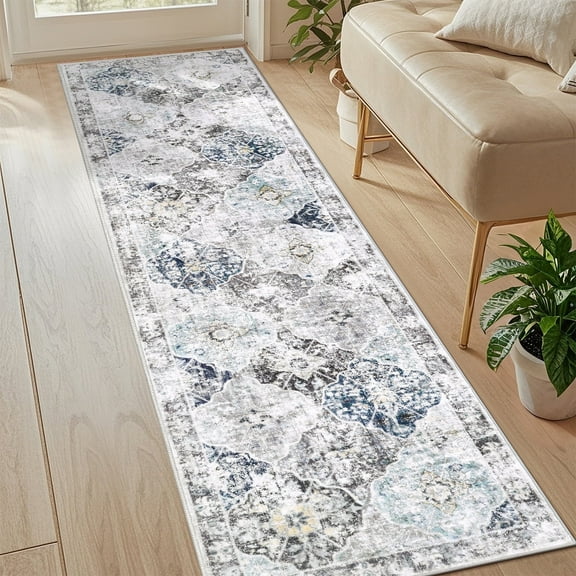MeyJey 2'x8' Oriental Vintage Runner Rug for Hallways, Non-Slip Machine Washable Area Rug for Bedroom/Living/Dining/Laundry Room Carpet, Blue/Gray