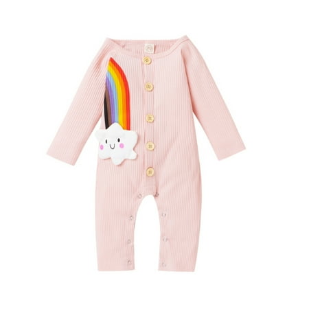

Clearance Infant Baby Boys Girls Jumpsuit Cute Rainbow Cartoon Cotton One-Piece Romper Jumpsuit Button Front Pajamas Unisex Long Sleeve Coveralls Newborn Onesies Outfit 0-12 Month Pink