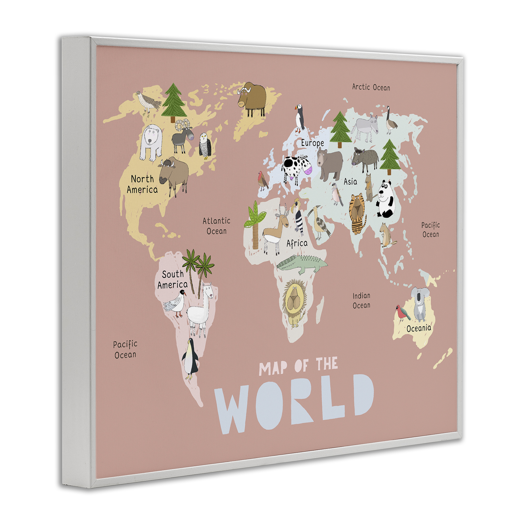 Kid's Map Of World Pink White Framed Giclee Art, design by Carla Daly