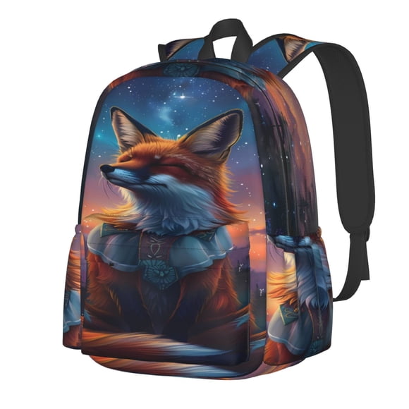 Sikiie Starry Sky Meditating Fox Print Lightweight Student Backpack, Suitable for School, Work, Sports and Travel, Ergonomic Large-capacity Backpack, Unisex