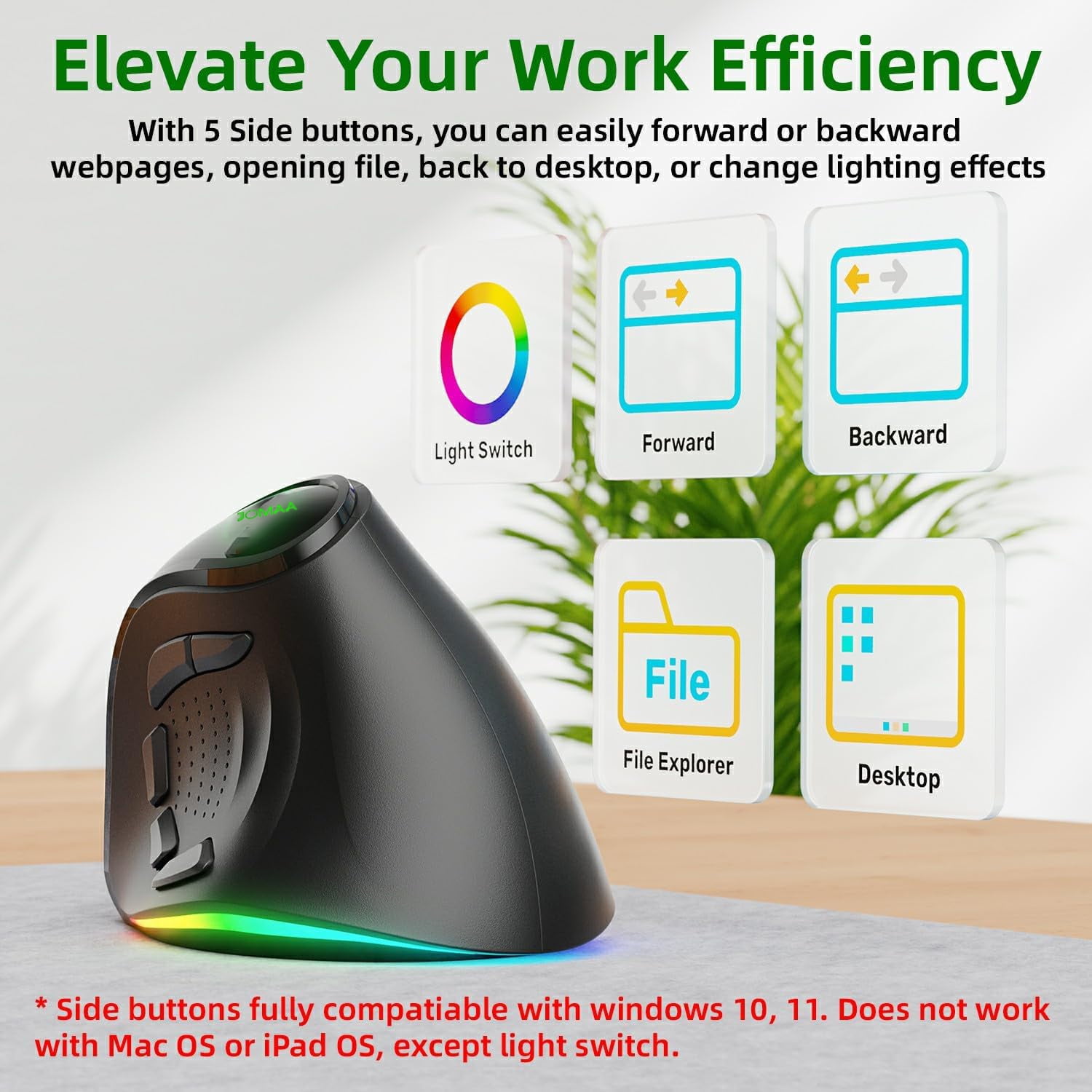 Jomaa 2.4G+Bluetooth Ergonomic Vertical Wireless Mouse 4000 DPI RGB Backlit Rechargeable Wireless Mouse Slient Click