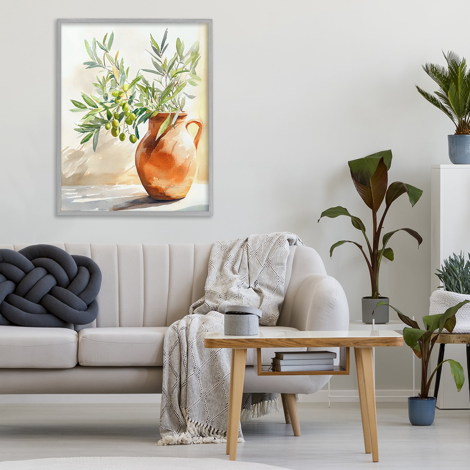Stupell Industries Olive Branch in Terracotta Vase Gray Framed Giclee Art, design by LSR Design Studio