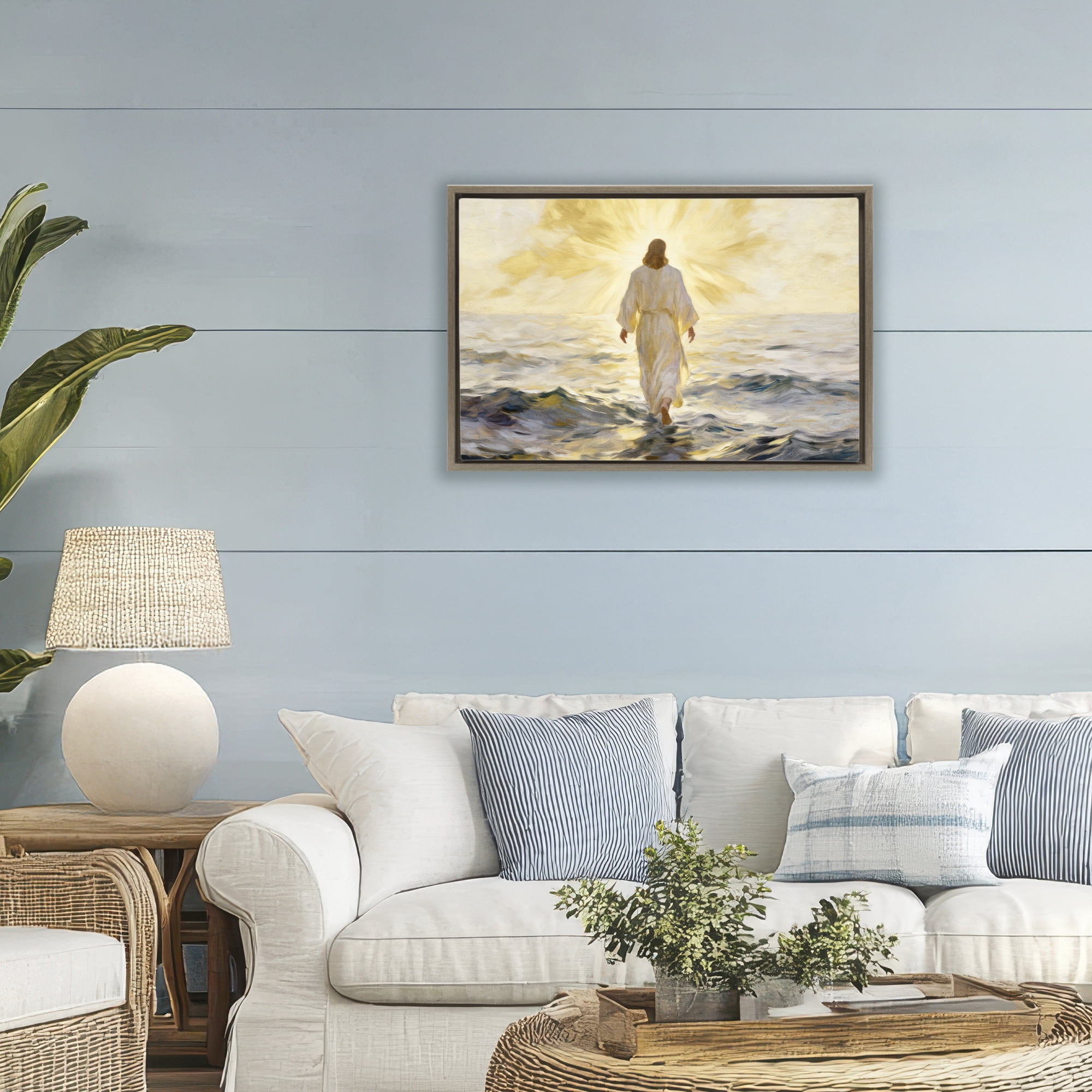 Stupell Industries Golden Walk Spiritual Figure Brown Framed Floater Canvas Wall Art, design by Kim Allen