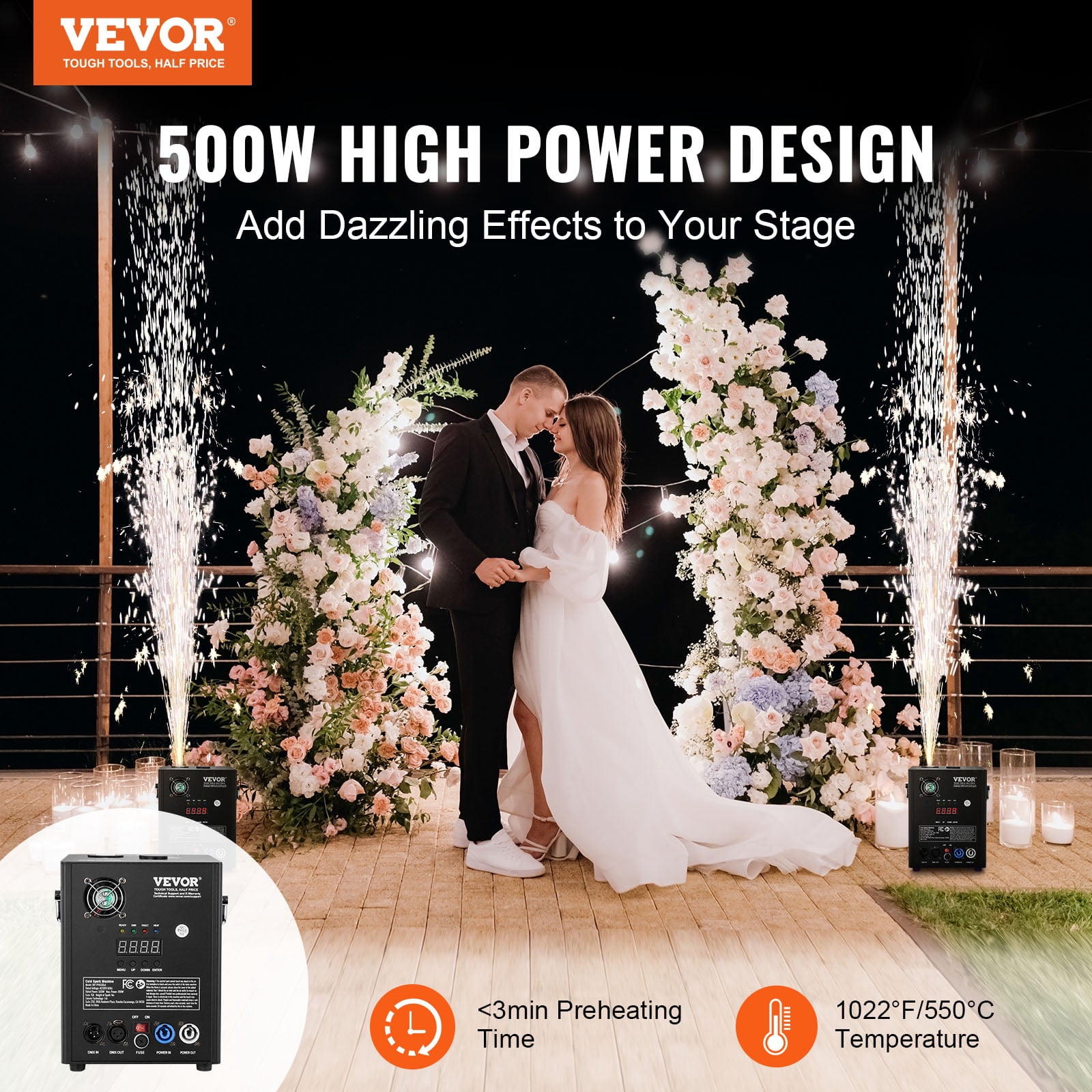 VEVOR Cold Spark Machine, 500W Output Fireworks Controller, 6.6-13ft Adjustable Height,with Advanced DMX System,LED Screen,Portable Handle,HeavyDuty Aluminum Alloy for Stage DJ Wedding Event,Party