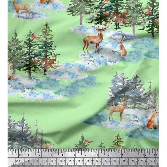 Soimoi Green Rayon Crepe Fabric Animals & Pine Tree Decor Fabric Printed Yard 46 Inch Wide
