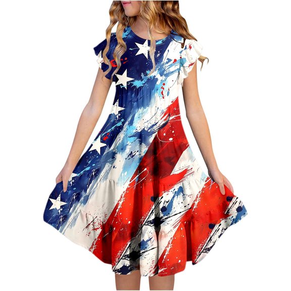 Kid Girl Dress Ruffled Sleeve Tiered Swing A-Line Casual 4th Of July Dress For Girls Birthday Dress For Girls Cute Midi Casual Sundress
