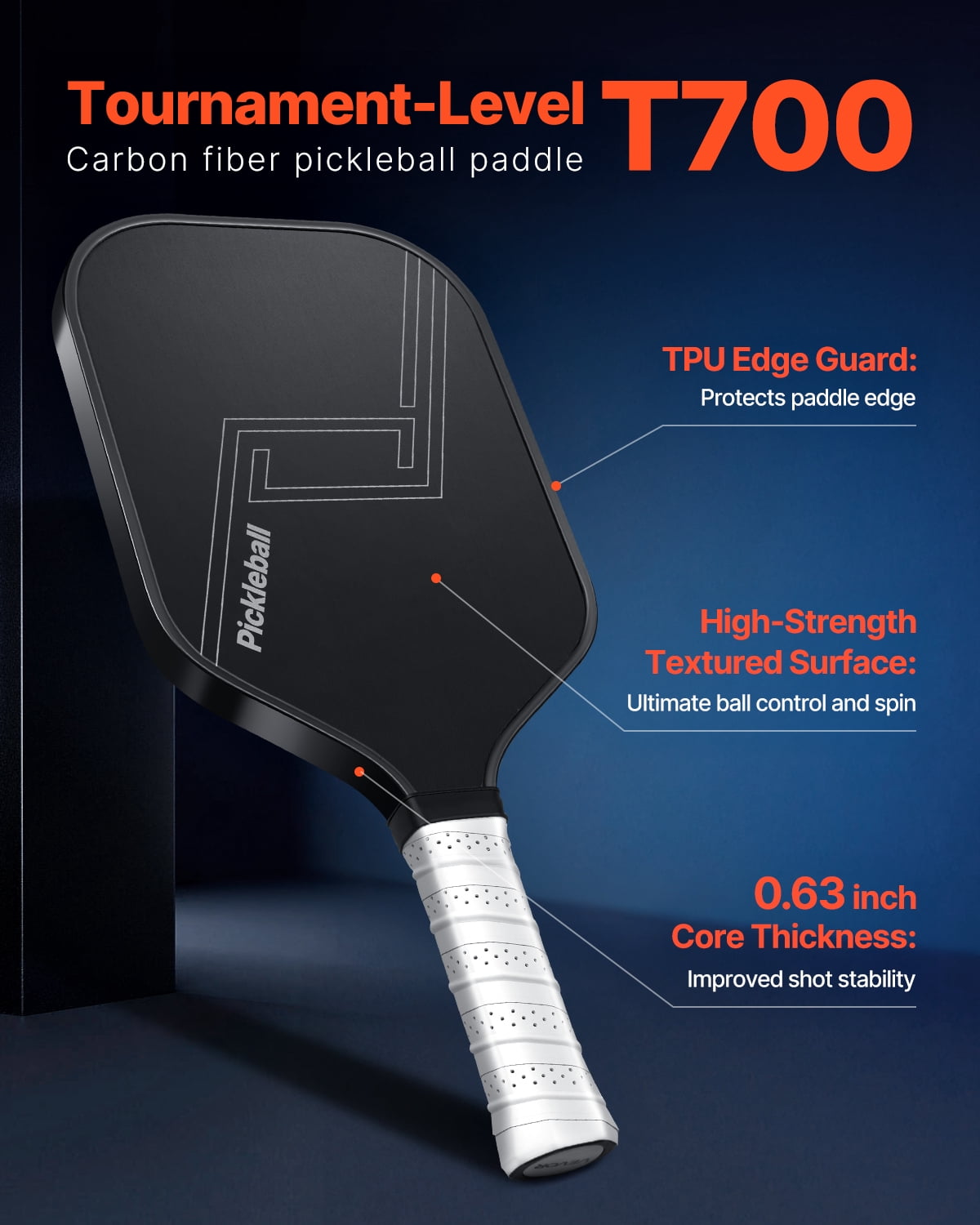 VEVOR Pickleball Paddle, T700 Carbon Fiber Surface & Honeycomb Core, Professional Pickleball Paddle with Increased Power & Control & Spin, Pro Pickle Ball Racket for Adults, Men & Women, Black