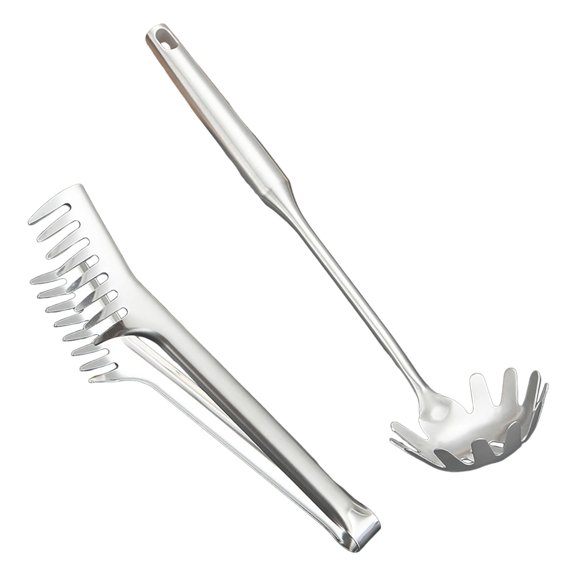 2 Pcs Stainless Steel Pasta Spoon With Teeth 9.4'' Pasta Tong And 13.6'' Pasta Fork With Vacuum Handle Durable Pasta Server And Spoon Sets