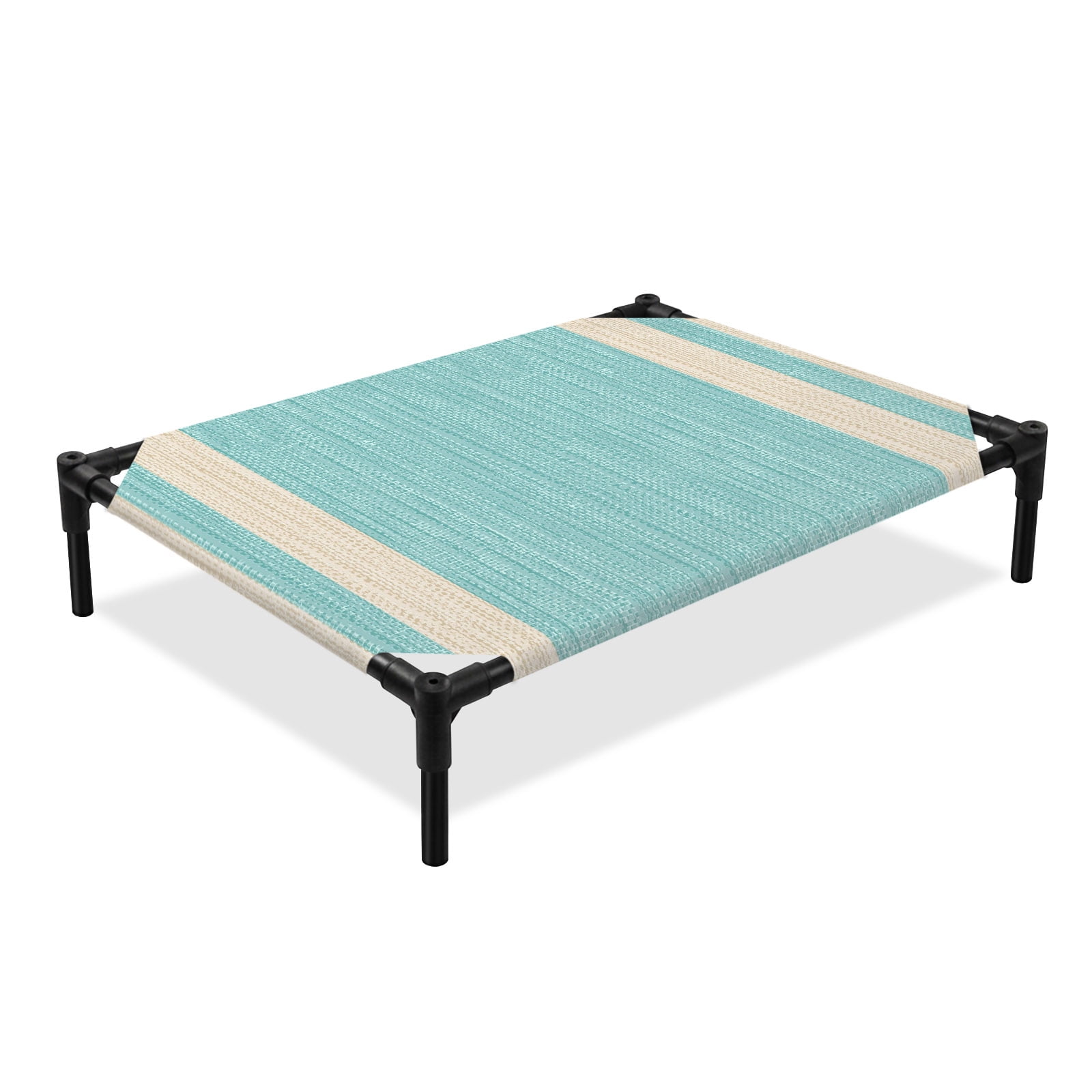 Teal Stripe Elevated Dog Bed Modern Geometric Classic Linear Slub Fabric Texture Cooling Breathable Outdoor Raised Dog Cot Bed with Metal Frame Non-Slip Feet for Large Dog 28x22in