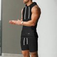 thumbnail image 5 of FRSASU Men's Jacquard Knitted 2 Piece Outfits Summer Hooded Sleeveless Tank and Drawstring Casual Track Shorts Set with Pockets Black, 5 of 9