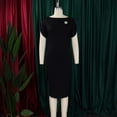 thumbnail image 4 of AURA Plus Size Bodycon Midi Dress High Waist Round Neck Short Sleeve Elegant Office Dress with Brooch Zipper, 4 of 9