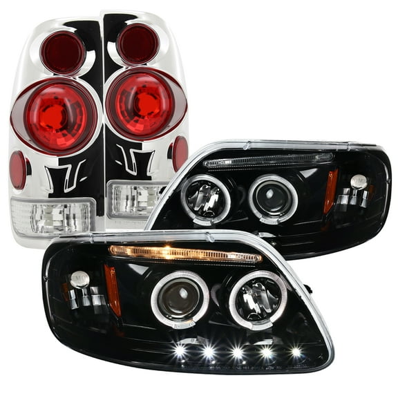 Spec-D Tuning Shiny Black LED Halo Projector Headlights   3D Retro Brake Lamps Compatible with 1997-2003 Ford F150 Left   Right Pair Headlamps Assembly