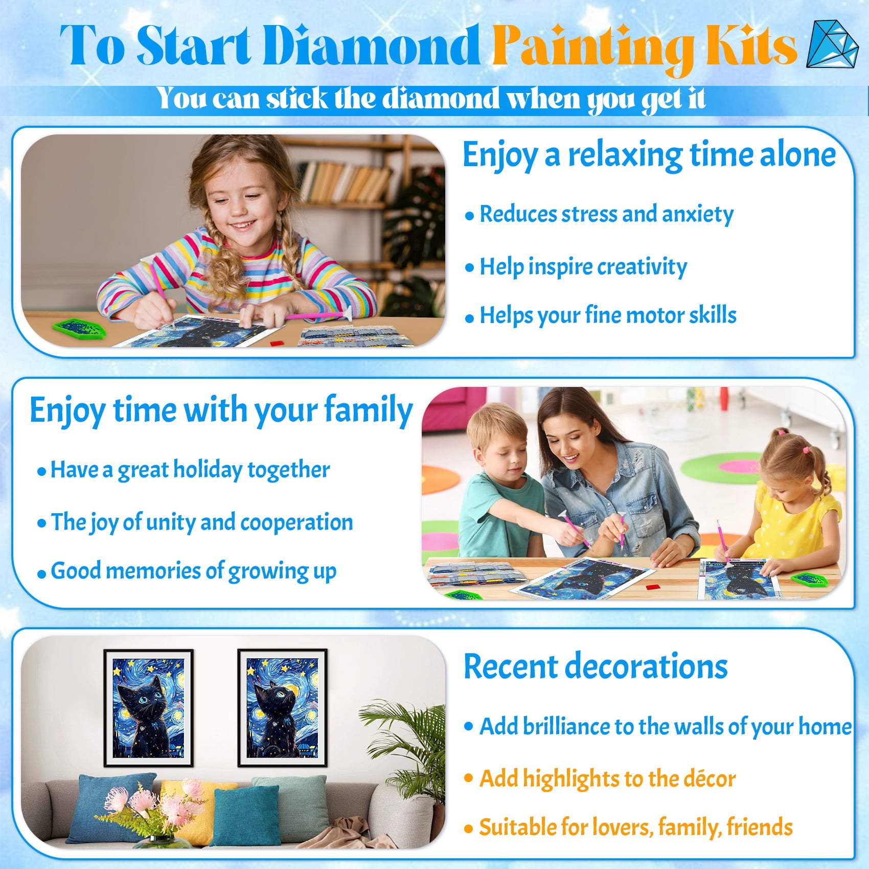 QUITEDEW 5D Diamond Painting Kits for Adults Black Cat,Relaxing Gem Painting Craft with Tools,Gifts Home Wall Decor12x16inch (Starry Night)