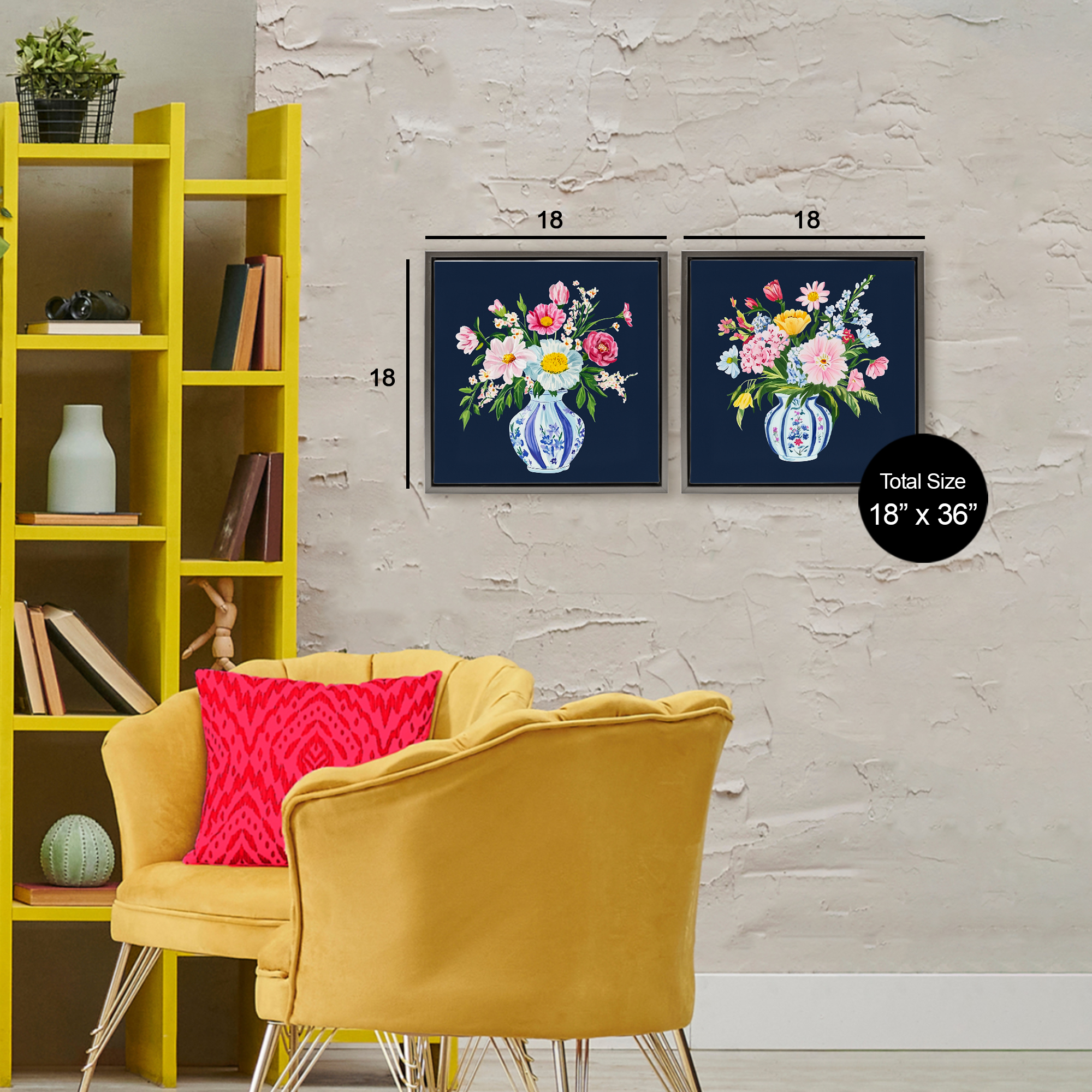 Twin Chinoiserie Vases 2 Piece Gray Framed Floater Canvas Set, design by Yen