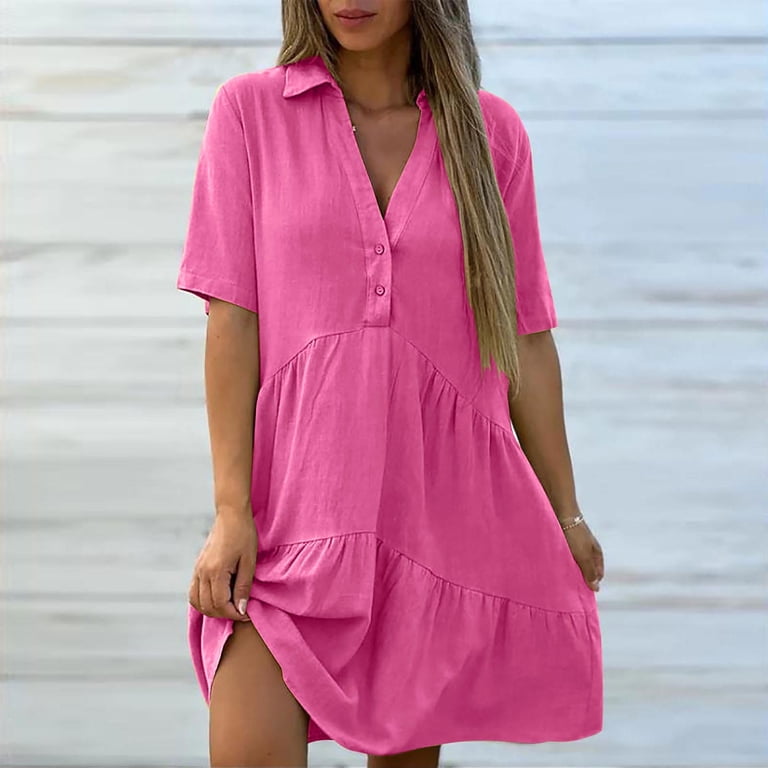 PRINxy Women's Collared Half Button Tiered Ruffle Short Dress Cuffed Sleeve Cotton Linen Casual Dress for Summer Daily Wear Beach Outings Hot Pink XL