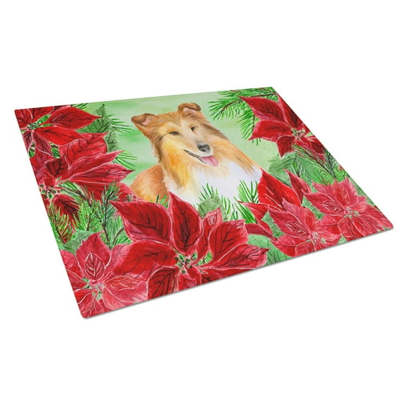 Caroline's Treasures Sheltie Poinsettas Glass Cutting Board Large