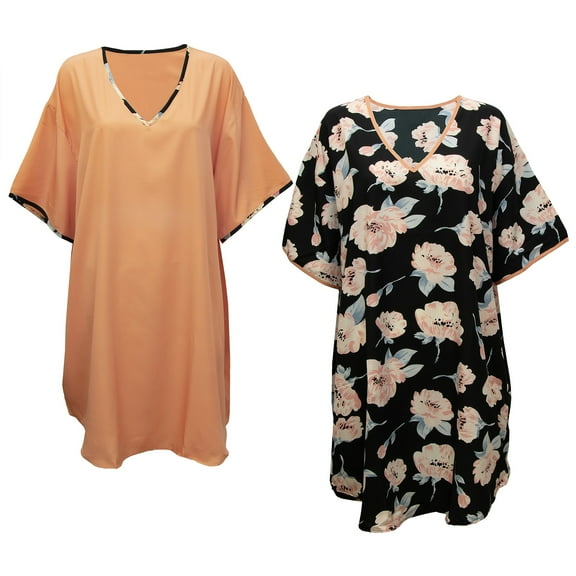 Gold Coast Set of Two Women's Satin Night Shirts in Floral Navy/Coral, 1XL