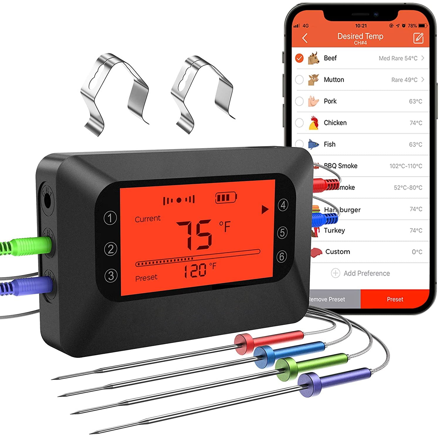 BFOUR Bluetooth Meat Thermometer Smart Wireless Remote Digital BBQ Thermometer App Controlled with 6 Stainless Steel Probes, Large LC