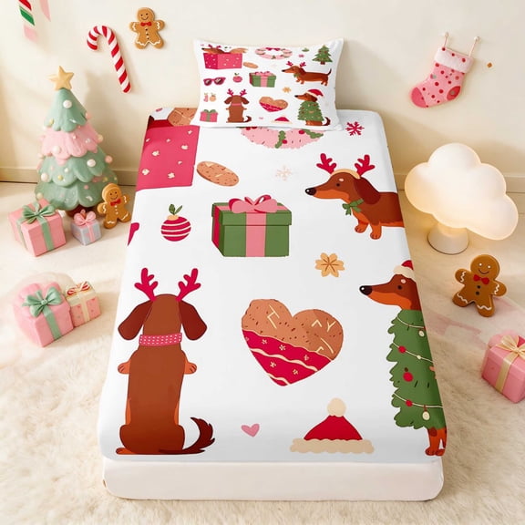 Manfei Dog Twin Fitted Sheet Christmas Bedding, Coral White 2-Piece 1 Fitted Sheet and 1 Pillowcase
