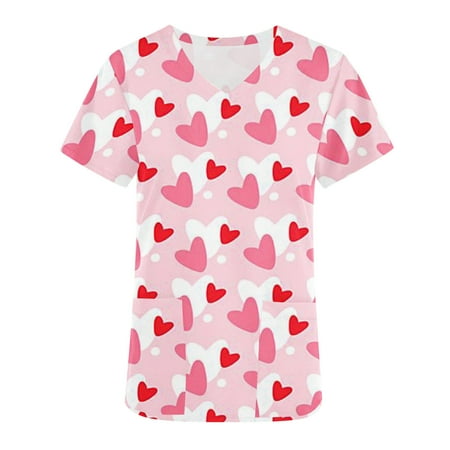 

CYMMPU Women s V-Neck Scrub Tops Clearance Colored Love Heart Printing Clothes for 2023 Nurse Uniform Trendy Valentine s Day Short Sleeve Shirts for Women Workwear Comfy Pink S