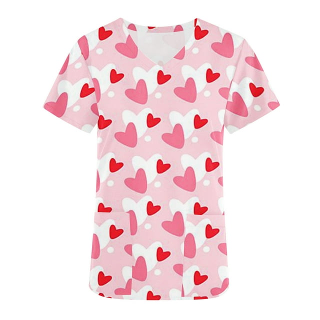 TIMIFIS Hauts de Sarrau pour Femmes de la Saint-Valentin à Manches Courtes, Col en V, Uniforme de Travail, Imprimé de la Saint-Valentin avec Poche, Chemisier avec Poches - Printemps