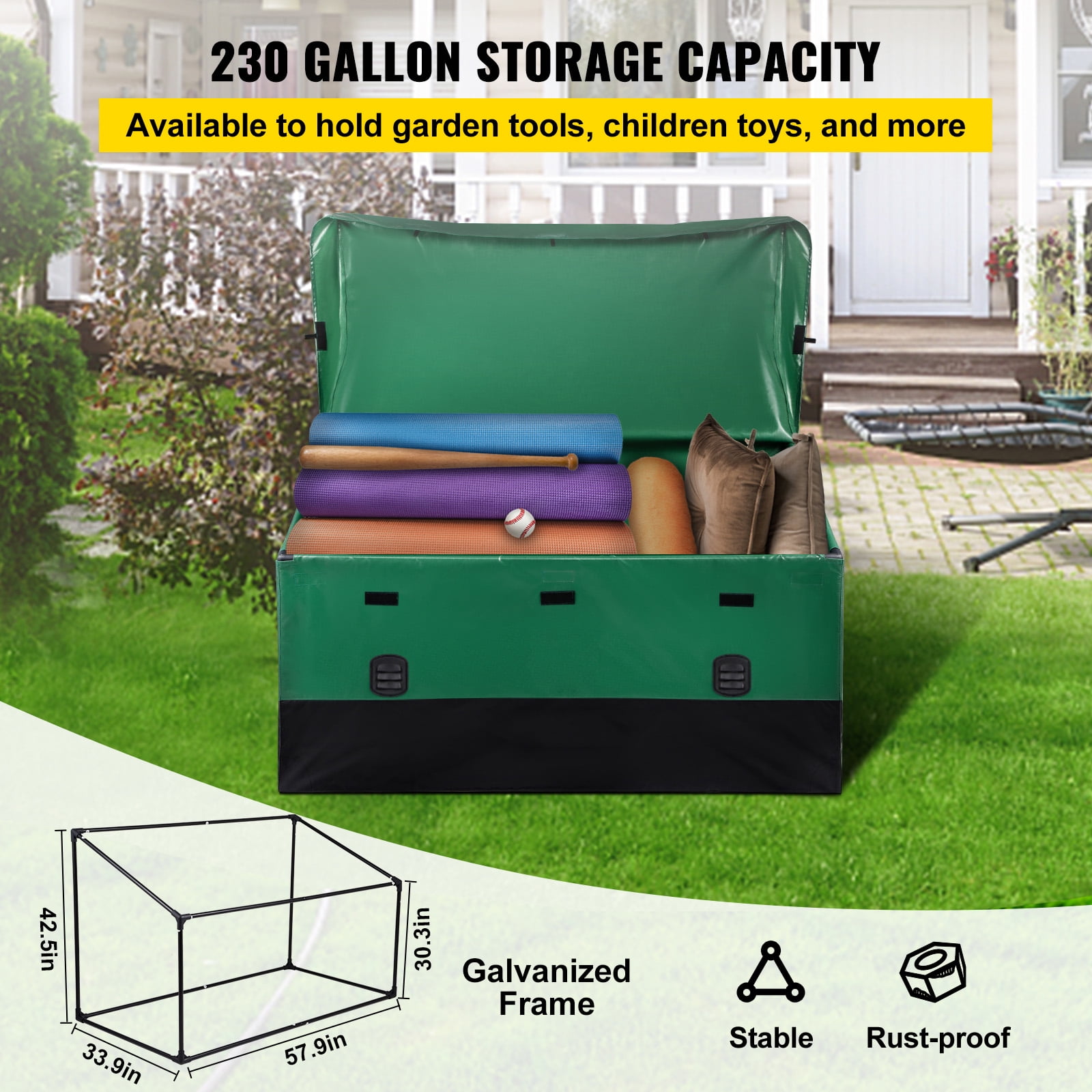 KFFKFF Outdoor Storage Box 230 Gallon Waterproof PE Deck Box with Galvanized Frame Patio Backyard Garden Portable Storage Containe for Boat, Yard, Patio (Green & Black)