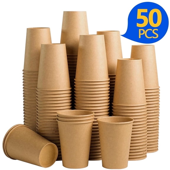 12 oz Brown Kraft Disposable Paper Coffee Cups, 50 Pack, Unbleached Hot Cold Beverage Cups, No Lids, Thick Leak Resistant Cups for Party & Travel