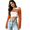 thumbnail image 5 of Womens Fishnet Crochet Crop Top Long Sleeve See Through Hollow Out Mesh Bikini Cover Ups Orange L, 5 of 6
