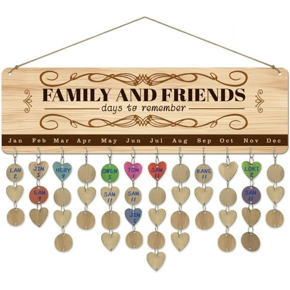 1 Pc Wooden Family Birthday Reminder Calendar Plaque Family and Friends Days to Remember Calendar Wall Hanging with 100 Tags Christmas Gifts for Father Mother 4.7x15.7inch(12x40cm)