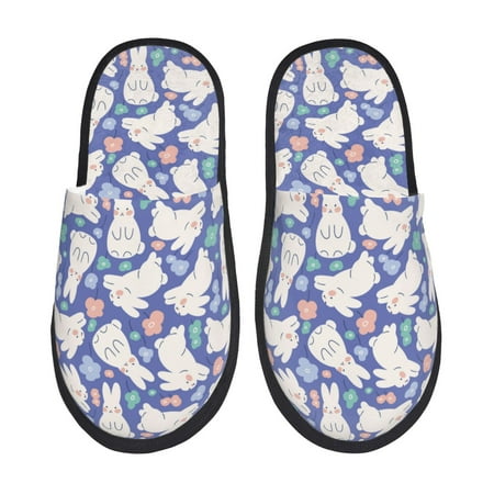 

Honeii Cute White Rabbit print Slippers Memory Foam House Bedroom Slippers for Women and Men Fuzzy Plush Comfy Faux Fur Lined Slide Shoes-Large
