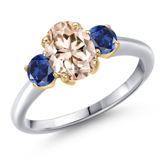 Gem Stone King 925 Silver and 10K Yellow Gold Peach Morganite and Blue Created Sapphire Engagement Ring for Women | 1.50 Cttw | Oval 8X6MM | Gemstone October Birthstone | Size 9