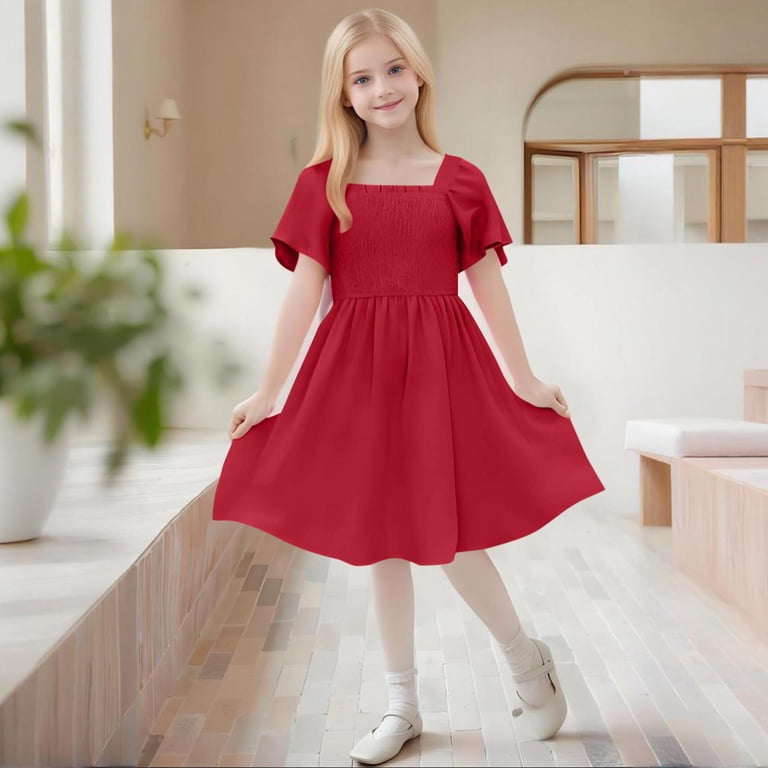 Tumotour Summer Dress For Teeens Ruffle Short Sleeve Smocked Summer Dress  Kids Square Neck A Line Flowy Mini Dresses - Walmart.com