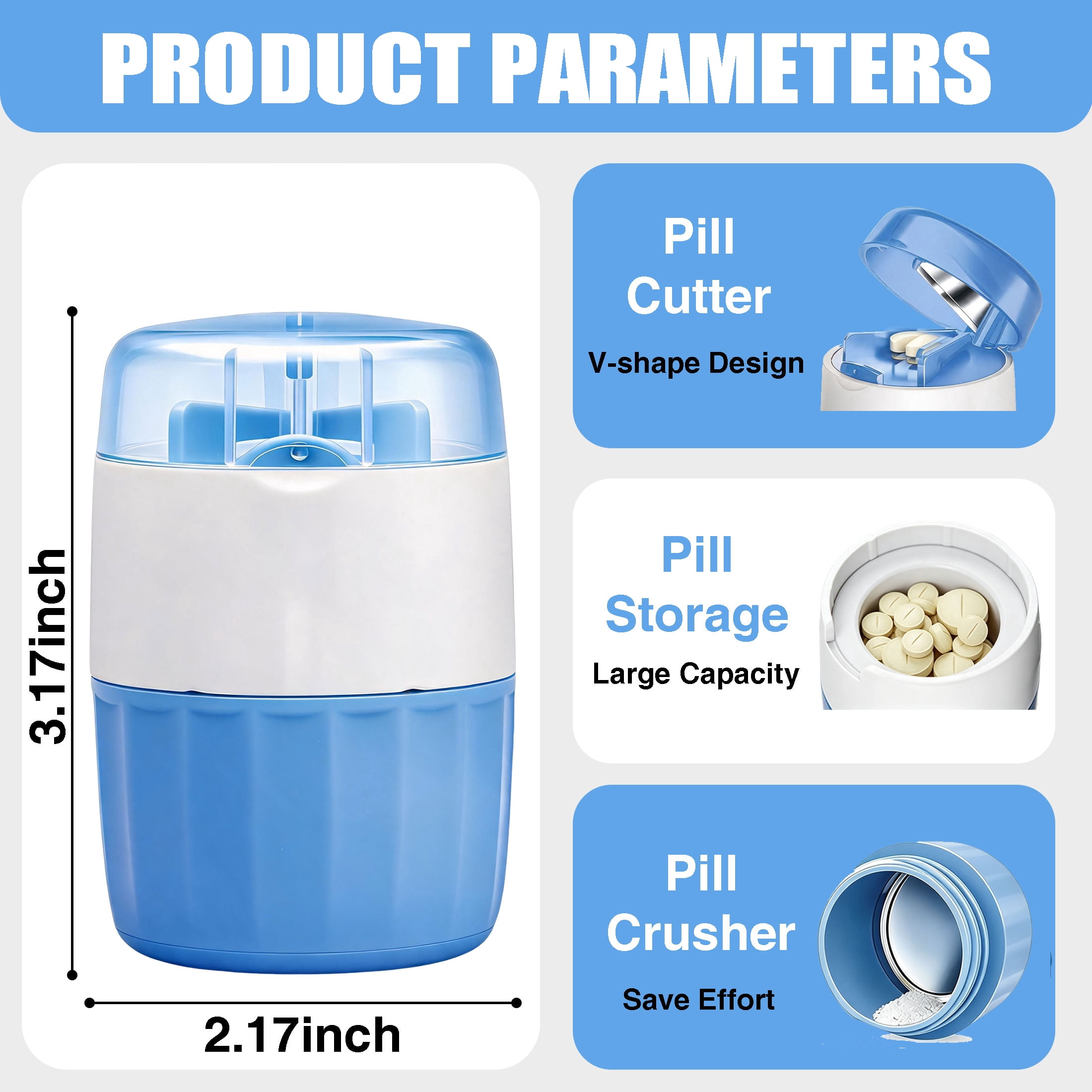 3‑in‑1 Pill Crusher and Pill Cutter, Portable Pill Grinder, Stainless Steel Grinder, Multifunctional Medicine Splitter with Pill Storage Container, Blue