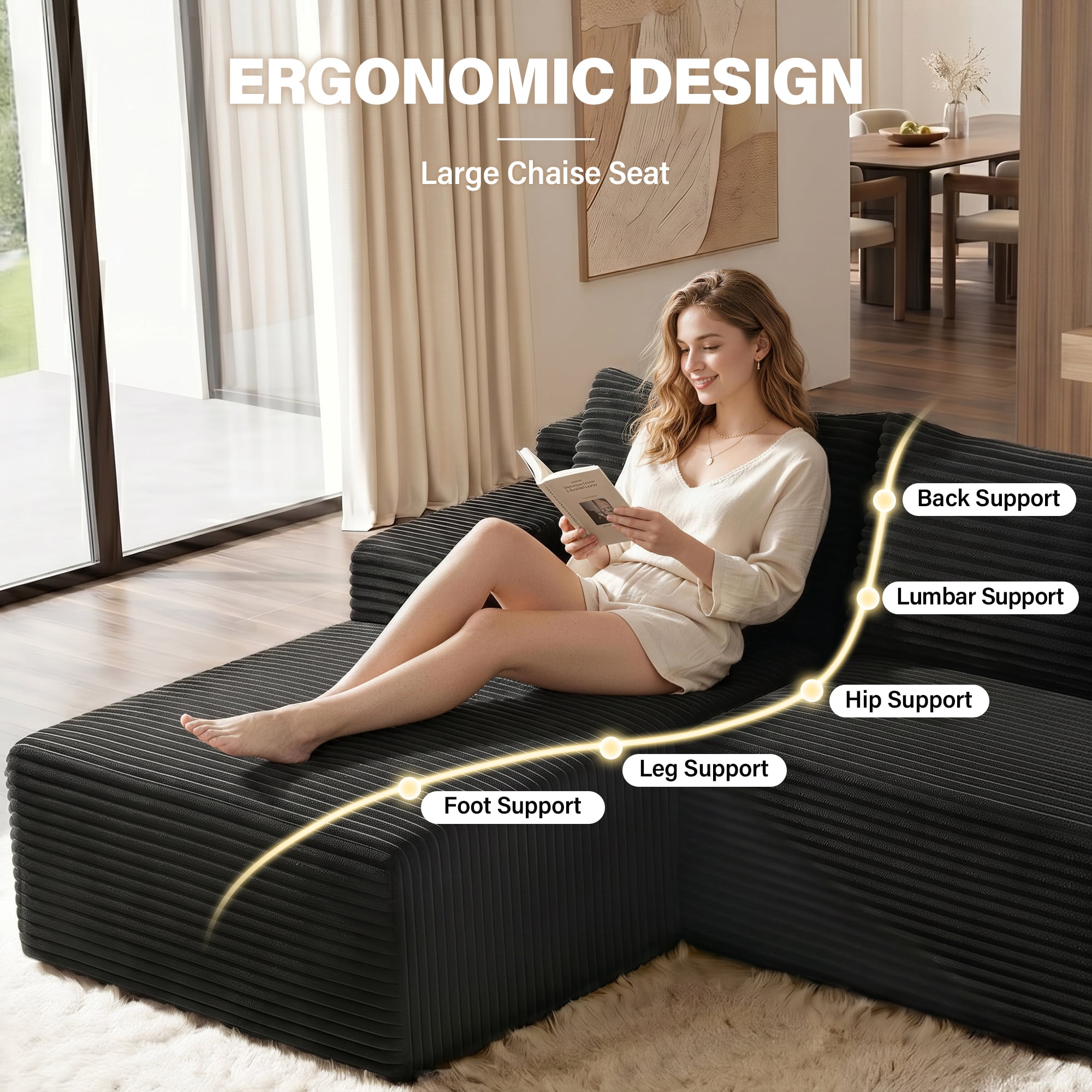 Aukfa 96" Cloud Sectional Couch, Modular L Shaped Boneless Sofa with Left Facing Chaise&2 Storage Pockets, Black