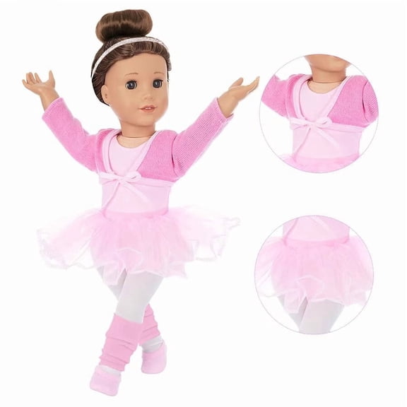 AlevRam 6 Piece 18 inch Doll Ballet Outfit Set – Pink Leotard, Tutu Skirt, Tights, Jacket and Ballet Shoes – Fits for 18 inch Dolls