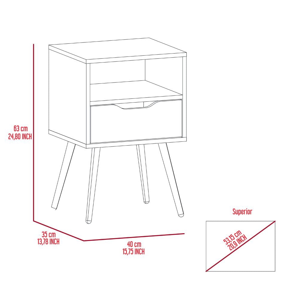 Otom Nightstand, Superior Top, One Open Shelf, One Drawer, Four Legs