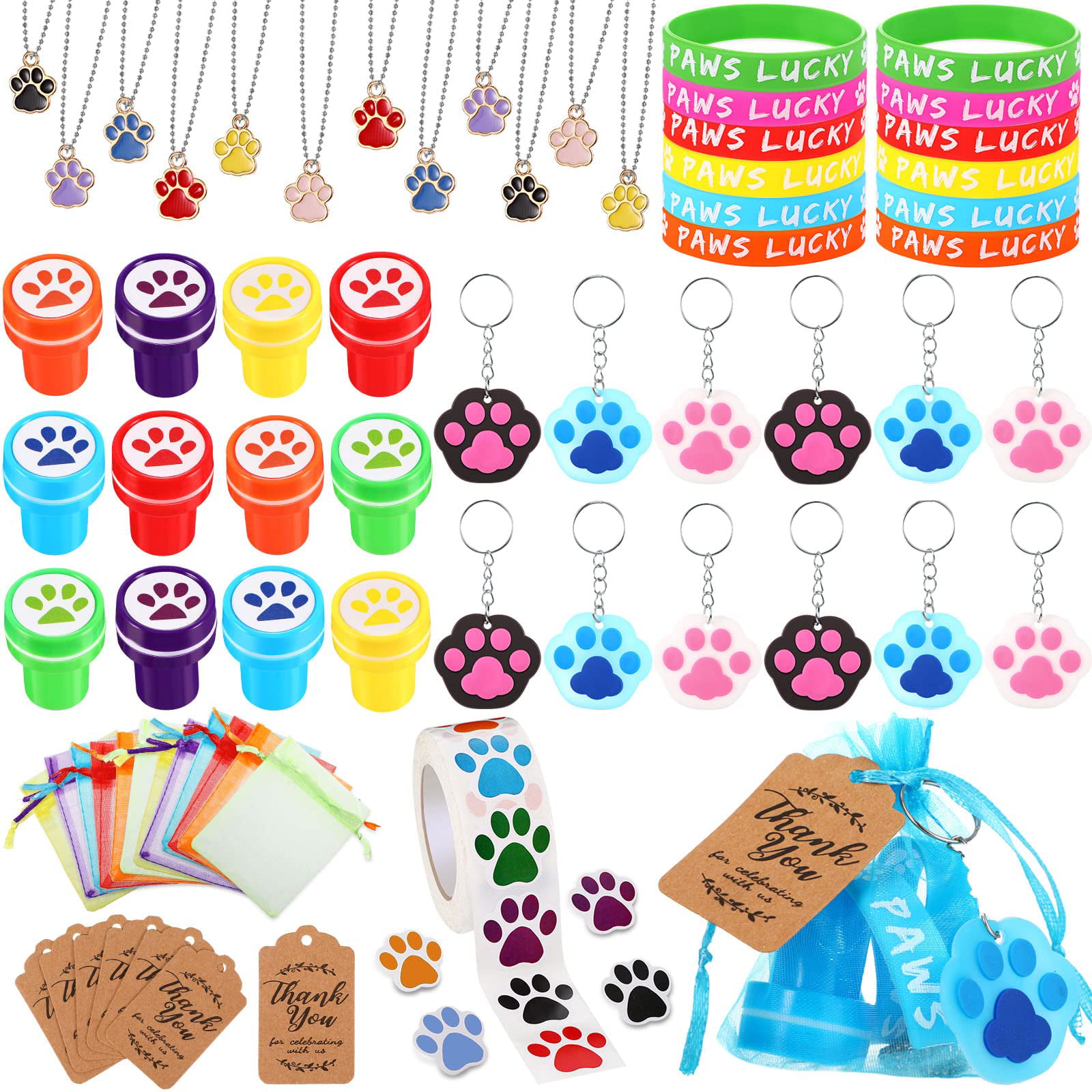 85 Pieces Dog Paw Party Favors Set Dog Paw Print Party Supplies with Paw  Print Silicone Bracelet Stamper Sticker Keychain Pendant Chain Organza Bag  and Thank You Tag for Kid Boy Girl