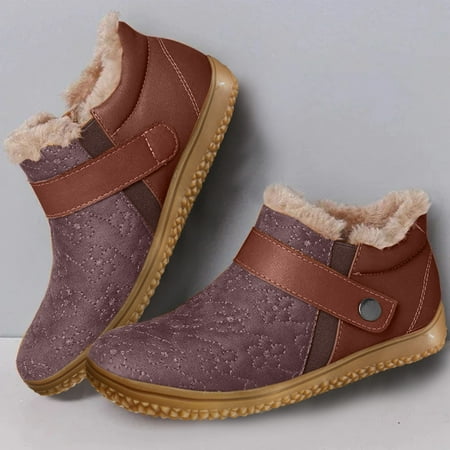 

TALKVE Plush Toe Leather Boots Fashion Buckle Suede Round Stitching Snow Short Boots Women s women s boots