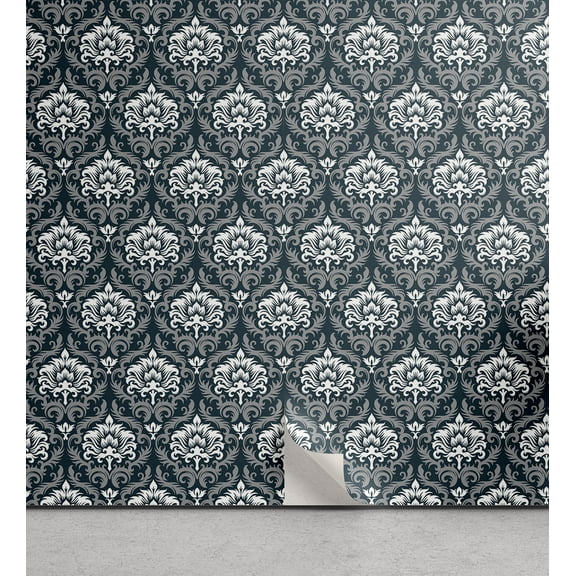 Ambesonne Damask Peel & Stick Wallpaper for Home, Floral Victorian, 13"x36", Grey White