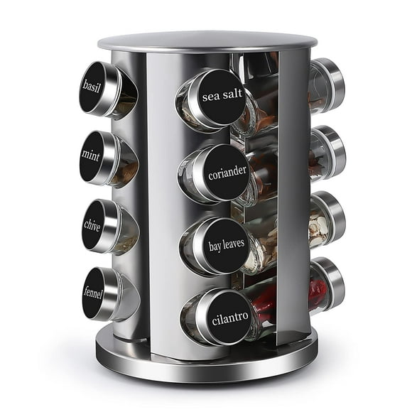 DOUBLE 2 c Support à Épices Rotatif de Comptoir en Acier Inoxydable, Tour de Rangement pour Épices pour Cuisine, Ensemble de 16 Pots (16Jars)